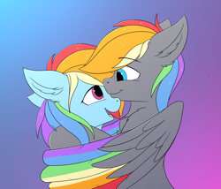 Size: 3500x3000 | Tagged: safe, artist:snowstormbat, derpibooru import, rainbow dash, oc, oc:dark rainbow, pegasus, pony, canon x oc, commission, gradient background, hug, nuzzling, scrunchy face, smiling, winghug