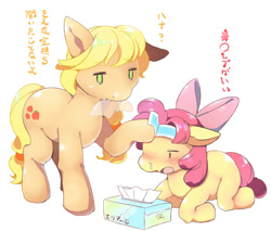 Size: 700x597 | Tagged: safe, artist:hiza take, apple bloom, applejack, earth pony, pony, caring for the sick, cooling pad, japanese, mouth hold, pixiv, sick, snot, tissue, tissue box, translated in the comments