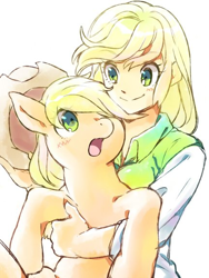 Size: 432x576 | Tagged: safe, artist:hiza take, applejack, pony, equestria girls, :o, blushing, cute, hatless, holding a pony, hug, human ponidox, jackabetes, missing accessory, open mouth, wide eyes