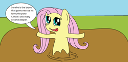 Size: 1615x787 | Tagged: safe, artist:amateur-draw, fluttershy, pegasus, pony, 1000 hours in ms paint, bait, bronybait, bust, dialogue, engrish, female, mare, ms paint, mud, quicksand, sinking, smiling, solo