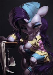 Size: 850x1200 | Tagged: safe, artist:assasinmonkey, rarity, pony, unicorn, friendship university, backwards ballcap, baseball cap, cap, clothes, female, hat, mare, plainity, sad, shirt, smiling, solo