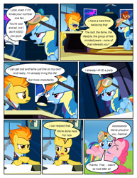 Size: 612x792 | Tagged: safe, artist:newbiespud, derpibooru import, edit, edited screencap, screencap, pinkie pie, rainbow dash, spitfire, earth pony, pegasus, pony, comic:friendship is dragons, annoyed, bridal carry, carrying, clothes, comic, dialogue, female, frown, goggles, lamp, male, mare, office, poster, screencap comic, stallion, suspicious, uniform, wonderbolt trainee uniform, wonderbolts