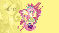 Size: 2560x1440 | Tagged: safe, derpibooru import, fluttershy, equestria girls, equestria girls logo, equestria girls plus, heraldry, mlp club, official, ponied up, solo, wallpaper