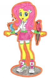 Size: 1024x1586 | Tagged: safe, artist:metaldudepl666, fluttershy, bird, parrot, equestria girls, alternate costumes, clothes, compression shorts, cute, hoodie, nightingale (bird), open mouth, shoes, shorts, singing, skirt, smiling, sneakers, socks