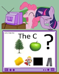 Size: 600x750 | Tagged: dead source, safe, derpibooru import, pinkie pie, twilight sparkle, earth pony, pony, apple, bob the builder, clothes, exploitable meme, facehoof, food, meme, mixed reactions, obligatory pony, pants, pictogram, question mark, rebus, sponge, spongebob squarepants, square, tree, tv meme, visual metaphor, wat