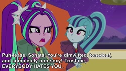 Size: 1280x720 | Tagged: safe, screencap, aria blaze, sonata dusk, equestria girls, rainbow rocks, blatant lies, clothes, hoodie, image macro, meme, meta, sonatabuse, tsundaria, tsundere