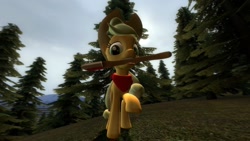 Size: 1366x768 | Tagged: safe, artist:themox, applejack, earth pony, pony, 3d, axe, clothes, gmod, looking at you, mouth hold, scarf, solo