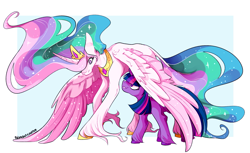 Size: 2127x1299 | Tagged: safe, artist:polkadot-creeper, princess celestia, twilight sparkle, alicorn, pony, unicorn, duo, female, hug, jewelry, looking down, looking up, mare, momlestia, regalia, simple background, spread wings, teacher and student, unshorn fetlocks, winghug, wings