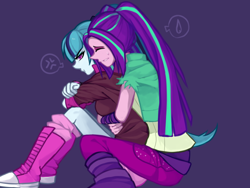 Size: 1024x768 | Tagged: safe, artist:hisshi shoujo, aria blaze, sonata dusk, equestria girls, angry, arisona, female, hug from behind, lesbian, pixiv, shipping