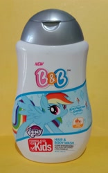 Size: 2084x3332 | Tagged: safe, derpibooru import, rainbow dash, pegasus, pony, b&b, hair & body wash, indonesia, kids, my little pony logo