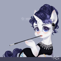 Size: 688x688 | Tagged: safe, artist:b-tobio, rarity, pony, unicorn, alternate hairstyle, audrey hepburn, breakfast at tiffany's, cigarette holder, clothes, dress, ear piercing, earring, female, jewelry, lipstick, mare, obtrusive watermark, piercing, signature, solo, watermark