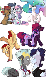 Size: 3000x5000 | Tagged: safe, artist:heyerika, button mash, fizzlepop berrytwist, flash magnus, princess celestia, rumble, soarin', sweetie belle, tempest shadow, thunderlane, twilight sparkle, twilight sparkle (alicorn), alicorn, pony, my little pony: the movie, backbend, bisexual, crying, eyes closed, female, gay, grumpy, kiss on the cheek, kiss sandwich, kissing, laughing, lesbian, looking at each other, male, marriage, ot3, polyamory, ponies riding ponies, rumbelle, rumbellemash, rumblemash, shipping, smiling, smirk, soarilane, straight, sweetiemash, tempestlight, unshorn fetlocks, wedding