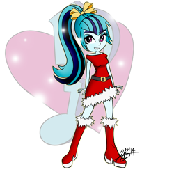 Size: 1280x1280 | Tagged: safe, artist:xxxsketchbookxxx, sonata dusk, equestria girls, bow, christmas, clothes, cute, cutie mark, grin, looking at you, santa costume, simple background, smiling, solo, transparent background