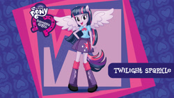 Size: 2560x1440 | Tagged: safe, derpibooru import, twilight sparkle, twilight sparkle (alicorn), alicorn, equestria girls, clothes, leg warmers, mlp club, my little pony logo, official, ponied up, skirt, solo, wallpaper