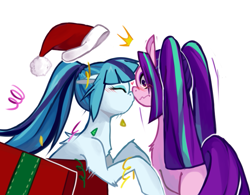 Size: 785x613 | Tagged: safe, artist:hisshi shoujo, aria blaze, sonata dusk, arisona, blushing, female, hat, lesbian, nuzzling, pixiv, ponified, present, santa hat, shipping