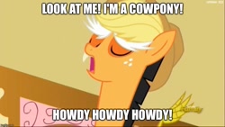 Size: 889x500 | Tagged: safe, screencap, applejack, discord, earth pony, pony, what about discord?, applecord (fusion), discovery family logo, howdy, image macro, meme, the far side, toy story