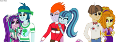 Size: 3213x1119 | Tagged: safe, artist:asika-aida, adagio dazzle, aria blaze, captain planet, heath burns, sonata dusk, wiz kid, equestria girls, rainbow rocks, background human, caparia, care root, couple, female, heathdusk, male, shipping, straight, the dazzlings