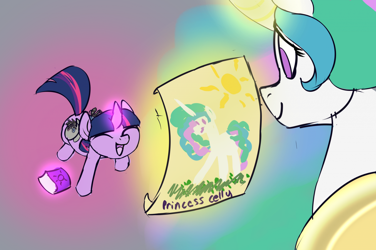 1544712 - safe, artist:veesocks, princess celestia, smarty pants, twilight  sparkle, alicorn, pony, unicorn, 30 minute art challenge, cute, drawing,  duo, female, filly, filly twilight sparkle, magic, momlestia, smiling,  telekinesis, that pony sure