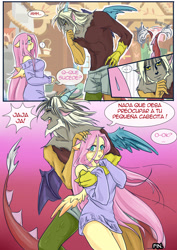 Size: 2480x3508 | Tagged: safe, artist:kyotoxart, discord, fluttershy, anthro, human, clothes, comic, discoshy, humanized, male, meme, partial nudity, shipping, spanish, straight, sweater, sweatershy, topless, yaranaika