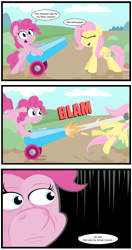 Size: 3024x5712 | Tagged: dead source, safe, artist:jittery-the-dragon, fluttershy, pinkie pie, earth pony, pegasus, pony, cannon, cannonball, cartoon violence, comic, duo, eyes closed, female, floppy ears, frown, grimderp, mare, oh shit, open mouth, smiling, this will end in death, this will end in tears, this will end in tears and/or death, throwing things at fluttershy, vulgar, wat, wide eyes, yay