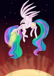 Size: 2894x4093 | Tagged: safe, artist:nn-op6666, princess celestia, alicorn, pony, female, glowing horn, mare, solo, space, spread wings, sun, wings