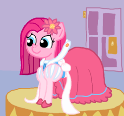 Size: 640x600 | Tagged: safe, artist:ficficponyfic, color edit, edit, edited edit, pinkie pie, oc, oc:emerald jewel, earth pony, pony, alternate color palette, bow, clothes, color, colored, colt, colt quest, crossdressing, cute, cyoa, door, drag queen, dress, femboy, flower, flower in hair, male, pinkamena diane pie, recolor, ribbon, shoes, solo, trap