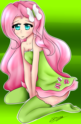 Size: 1183x1791 | Tagged: safe, artist:bubblesfun123, fluttershy, human, clothes, dress, humanized, kneeling, missing shoes, solo, stockings