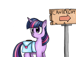 Size: 640x480 | Tagged: dead source, safe, artist:onyourownaccord, derpibooru import, twilight sparkle, bag, saddle bag, sign, simple background, solo, transparent background