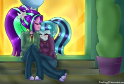 Size: 700x480 | Tagged: safe, artist:tinacrazy29, aria blaze, sonata dusk, equestria girls, rainbow rocks, arisona, blushing, clothes, cute, female, hoodie, lesbian, shipping, snuggling