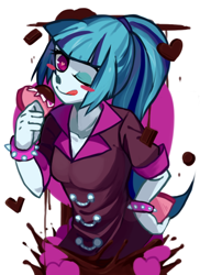 Size: 452x620 | Tagged: safe, artist:hisshi shoujo, sonata dusk, equestria girls, :p, blush sticker, blushing, chocolate, eating, heart, pixiv, solo, wink, winking at you