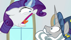 Size: 1920x1080 | Tagged: safe, screencap, rarity, star swirl the bearded, pony, unicorn, friendship university, angry, cowering, eye contact, faic, female, floppy ears, glowing horn, hat, hoers, looking at each other, magic, male, mare, nose wrinkle, open mouth, rage, shouting rarity, stallion, tongue out, wat, wide eyes