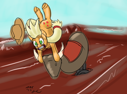 Size: 1280x948 | Tagged: safe, artist:mxcoriginal, applejack, earth pony, pony, mechanical bull, my little art challenge, rodeo, solo