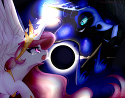 Size: 1790x1400 | Tagged: safe, artist:clefficia, nightmare moon, princess celestia, alicorn, pony, crown, crying, female, fight, glowing horn, helmet, jewelry, mare, regalia, sisters, smiling