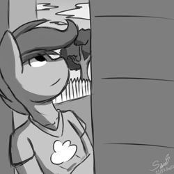 Size: 1000x1000 | Tagged: safe, artist:silverfox057, scootaloo, anthro, clothes, female, fence, looking up, monochrome, signature, solo, tree