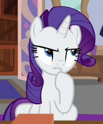 Size: 389x468 | Tagged: safe, screencap, rarity, pony, unicorn, friendship university, cropped, female, mare, raised hoof, sitting, solo, thinking