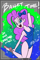 Size: 1024x1536 | Tagged: safe, artist:burning-heart-brony, pinkie pie, equestria girls, 30 minute art challenge, :d, arm behind head, armpits, ballerina, ballet, ballet slippers, breasts, cleavage, female, hair bow, happy, jumping, leotard, looking at you, open mouth, smiling, solo