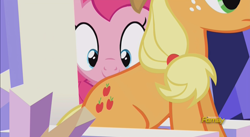 Size: 2560x1407 | Tagged: safe, screencap, applejack, pinkie pie, earth pony, pony, what about discord?, applebutt, discovery family logo, do she got a booty, faic, out of context, swiggity swooty