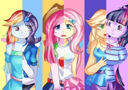 Size: 1023x724 | Tagged: safe, artist:araiiara123, derpibooru import, applejack, fluttershy, pinkie pie, rainbow dash, rarity, sci-twi, twilight sparkle, better together, equestria girls, magical mystery cure, clothes swap, equestria girls interpretation, humane five, humane six, scene interpretation, what my cutie mark is telling me