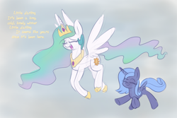 Size: 1500x1000 | Tagged: safe, artist:heir-of-rick, princess celestia, princess luna, alicorn, pony, :t, cute, cutelestia, eyes closed, female, flying, gradient background, happy, here comes the sun, lunabetes, mare, open mouth, royal sisters, s1 luna, singing, smiling, song reference, spread wings, the beatles, underhoof, wings