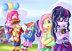 Size: 1023x724 | Tagged: safe, artist:araiiara123, derpibooru import, applejack, fluttershy, pinkie pie, rainbow dash, rarity, sci-twi, twilight sparkle, equestria girls, accessory theft, applejack's hat, balloon, cowboy hat, equestria girls logo, floating, hat, humane five, humane six, then watch her balloons lift her up to the sky