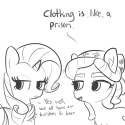 Size: 1280x1280 | Tagged: safe, artist:tjpones, rarity, tree hugger, earth pony, pony, unicorn, bandana, clothes, dialogue, duo, ear fluff, female, grayscale, mare, monochrome, scarf, simple background, sketch, white background