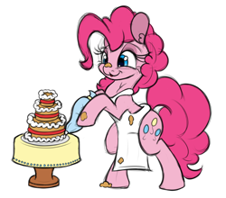 Size: 1000x880 | Tagged: safe, artist:ramott, pinkie pie, pony, :3, apron, bipedal, cake, clothes, food, frosting, harelip, sketchy, solo