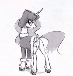 Size: 779x809 | Tagged: safe, artist:el-yeguero, princess celestia, alicorn, pony, female, hat, looking back, mare, monochrome, sketch, smiling, solo, ushanka, winter outfit