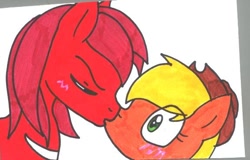 Size: 576x368 | Tagged: safe, artist:cmara, applejack, earth pony, pony, appleknux, crossover, crossover shipping, kissing, knuckles the echidna, knuxjack, ponified, shipping, sonic the hedgehog (series), traditional art