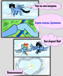 Size: 879x1058 | Tagged: artist needed, safe, derpibooru import, rainbow dash, oc, pegasus, pony, comic, cyrillic, dialogue, flying, heart shaped, russian, translated in the comments