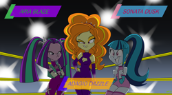 Size: 3000x1650 | Tagged: safe, artist:mofetafrombrooklyn, adagio dazzle, aria blaze, sonata dusk, equestria girls, rainbow rocks, the dazzlings, wrestling