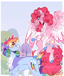 Size: 768x911 | Tagged: safe, artist:wanderingpegasus, derpibooru import, pinkie pie, rainbow dash, pony, chest fluff, ear fluff, female, fluffy, happy, lesbian, looking at each other, mare, pale belly, pinkiedash, race swap, shipping, smiling, wing fluff