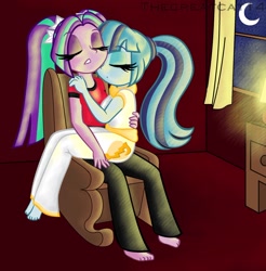 Size: 1024x1039 | Tagged: safe, artist:queentigrel, aria blaze, sonata dusk, equestria girls, rainbow rocks, arisona, feet, female, lesbian, shipping, sleeping