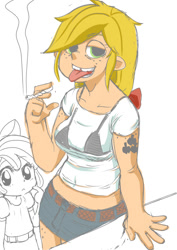 Size: 500x707 | Tagged: safe, artist:zukicure5gogo, apple bloom, applejack, human, adorabloom, belt, bow, bra, cigarette, clothes, cute, denim skirt, female, freckles, humanized, midriff, miniskirt, see-through, shirt, simple background, skirt, smoking, t-shirt, tattoo, tongue out, underwear, white background