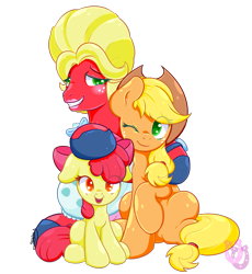 Size: 1087x1180 | Tagged: safe, artist:shadowhulk, apple bloom, applejack, big macintosh, earth pony, pony, brotherhooves social, apple siblings, crossdressing, male, orchard blossom, simple background, sitting, stallion, transparent background, wink